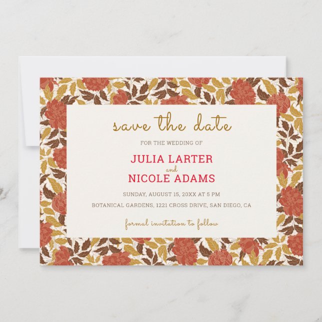 Dusty Brunt Orange Peony Flowers Fall Wedding Save The Date (Front)