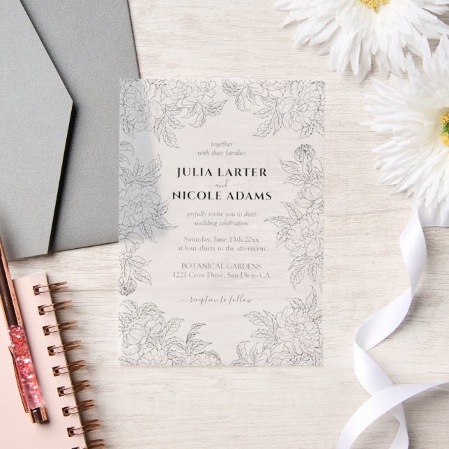 Dusty Brunt Orange Peony Flowers Fall Wedding Vellum Invitations (Wedding)