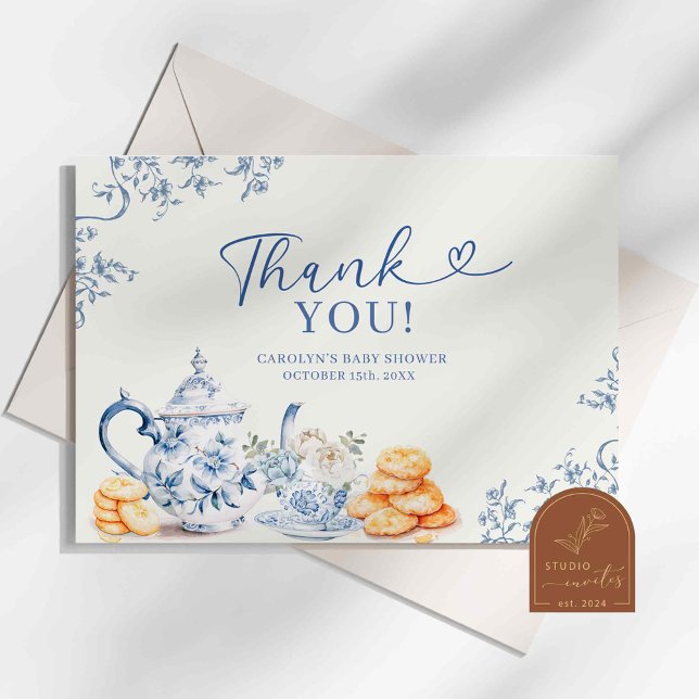 Dusty Bue Chinoiserie Baby Shower Tea Party Thank You Card (Creator Uploaded)