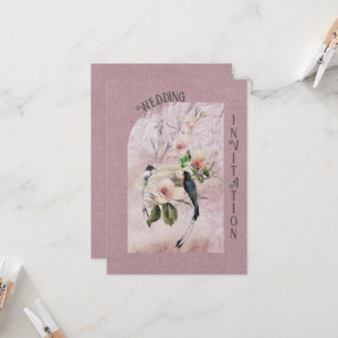 Dusty Burgundy Magnolia Blossoms and Birds Wedding Invitation