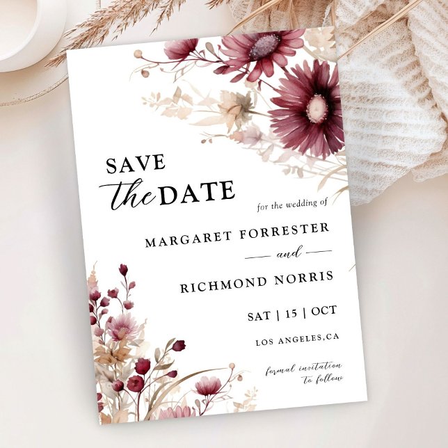 Dusty Burgundy Wildflowers Wedding Save the Date Invitation (Creator Uploaded)
