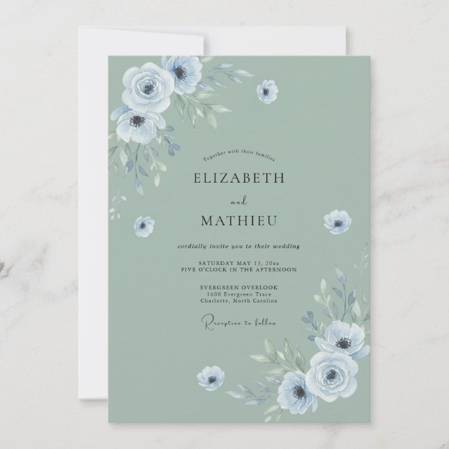 Dusty Celadon Blossom Wedding Invitation (Front)