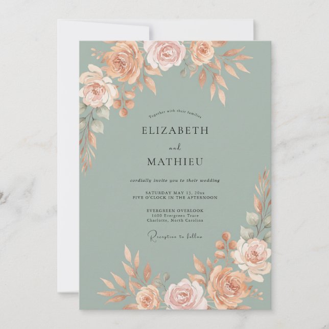 Dusty Celadon Peony Wedding Invitation (Front)