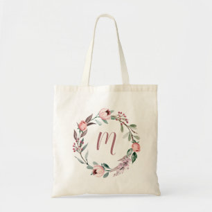 Dusty Cinnamon Rose Floral Wreath Monogram Tote Bag