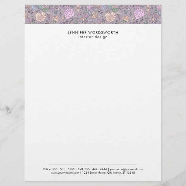 Dusty Colours Whimsical Floral Modern Custom Letterhead (Front)