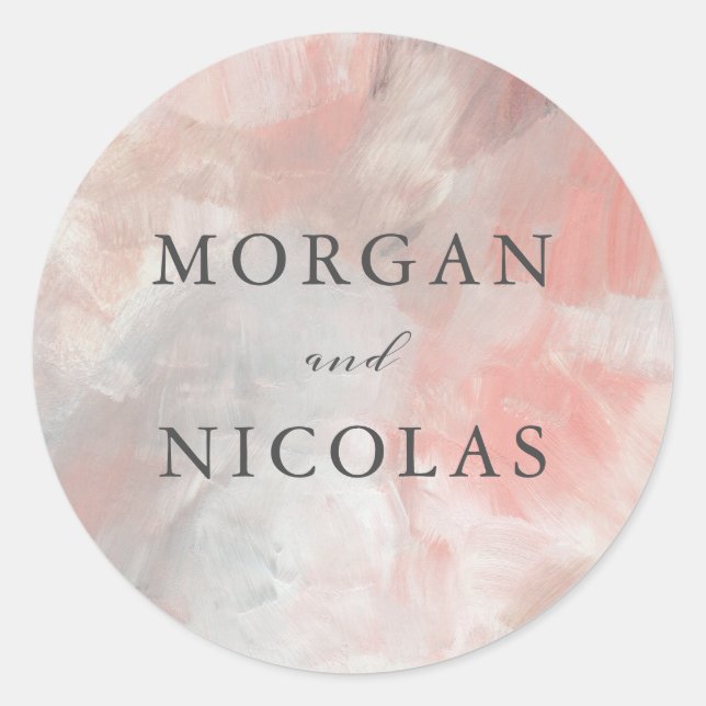 Dusty Coral Abstract Brushstrokes Bride and Groom Classic Round Sticker (Front)