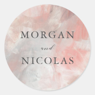 Dusty Coral Abstract Brushstrokes Bride and Groom Classic Round Sticker