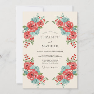 Dusty Coral Aqua Petal Wedding Invitation