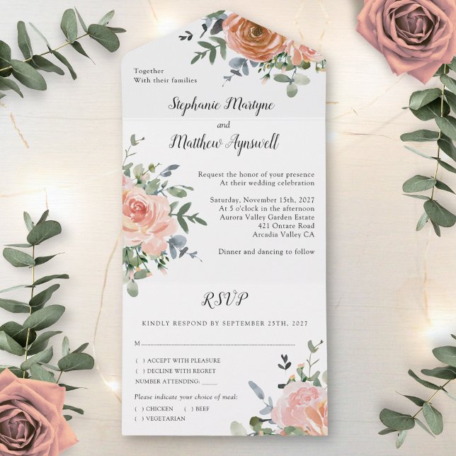 Dusty Coral Eucalyptus Botanical Wedding All In One Invitation (Creator Uploaded)