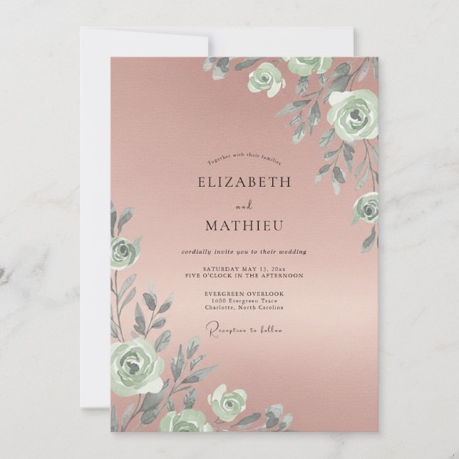 Dusty Coral Leafy Wedding Invitation (Front)