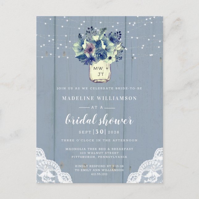 Dusty Country Blue Mason Jar Bridal Shower  Invitation Postcard (Front)