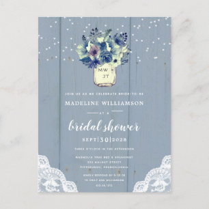 Dusty Country Blue Mason Jar Bridal Shower  Invitation Postcard