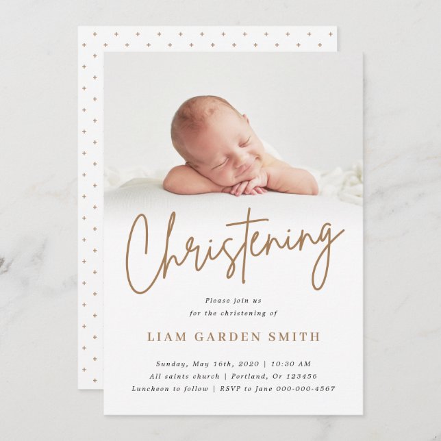 Dusty Cream Handwritten Script Christening Photo Invitation (Front/Back)
