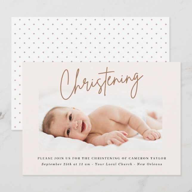 Dusty Cream Handwritten Script Christening Photo Invitation (Front/Back)