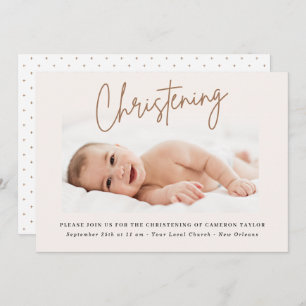Dusty Cream Handwritten Script Christening Photo Invitation