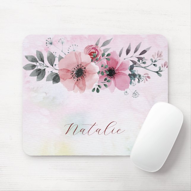 Dusty cute monogram name flower girly pink script mouse mat (With Mouse)