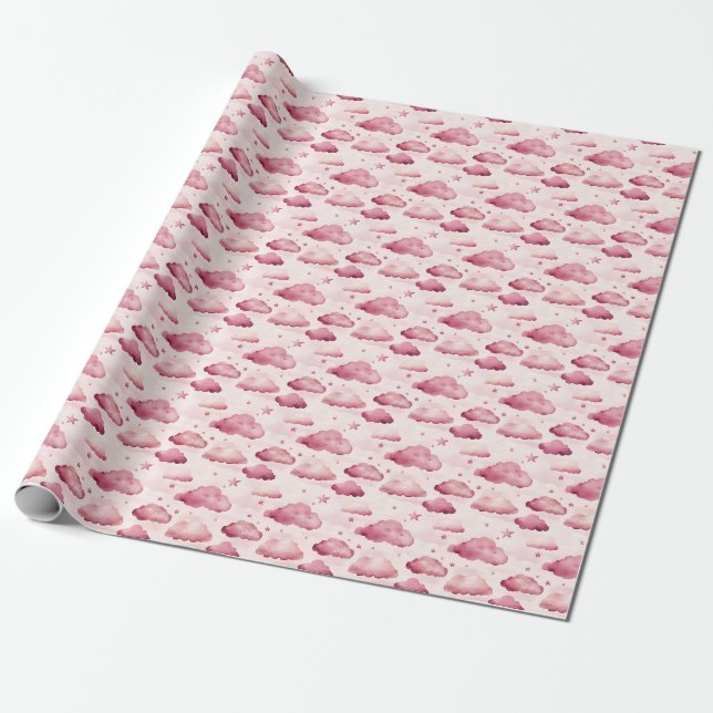 Dusty Dark Pink Clouds & Stars Wrapping Paper (Unrolled)