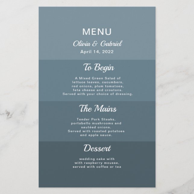 Dusty deep blue Stylish Elegant wedding menu (Front)