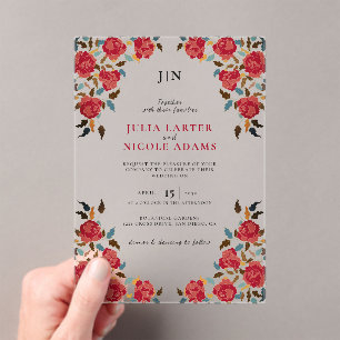 Dusty Elegant Golden Red Rose Flower Wedding Acrylic Invitations