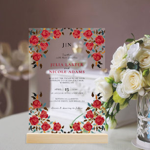 Dusty Elegant Golden Red Rose Flower Wedding Acrylic Invitations