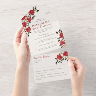 Dusty Elegant Golden Red Rose Flower Wedding All In One Invitation