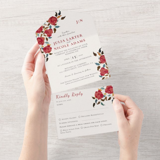Dusty Elegant Golden Red Rose Flower Wedding All In One Invitation (Tearaway)