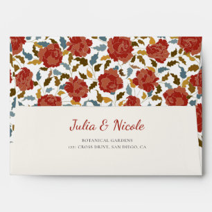 Dusty Elegant Golden Red Rose Flower Wedding Envelope