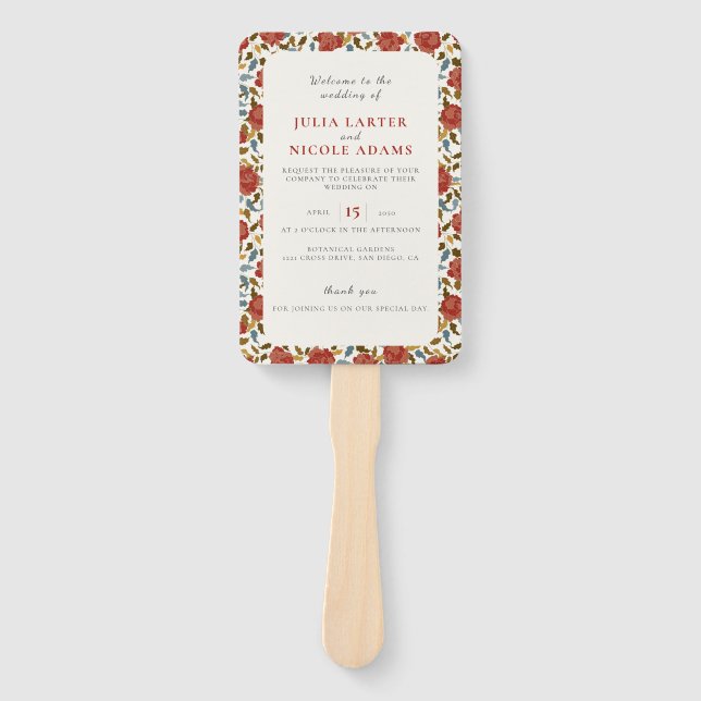 Dusty Elegant Golden Red Rose Flower Wedding Hand Fan (Front)
