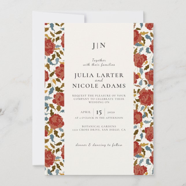 Dusty Elegant Golden Red Rose Flower Wedding Invitation (Front)