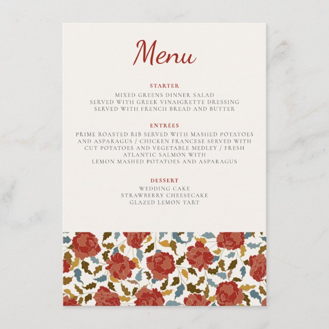 Dusty Elegant Golden Red Rose Flower Wedding Menu (Front)