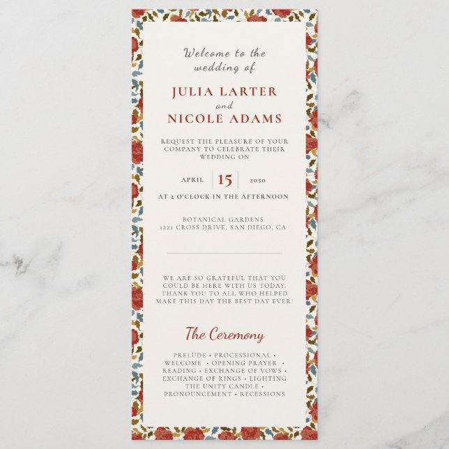 Dusty Elegant Golden Red Rose Flower Wedding Programme (Front)