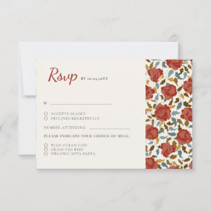 Dusty Elegant Golden Red Rose Flower Wedding RSVP Card