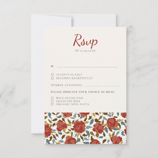 Dusty Elegant Golden Red Rose Flower Wedding RSVP Card (Front)