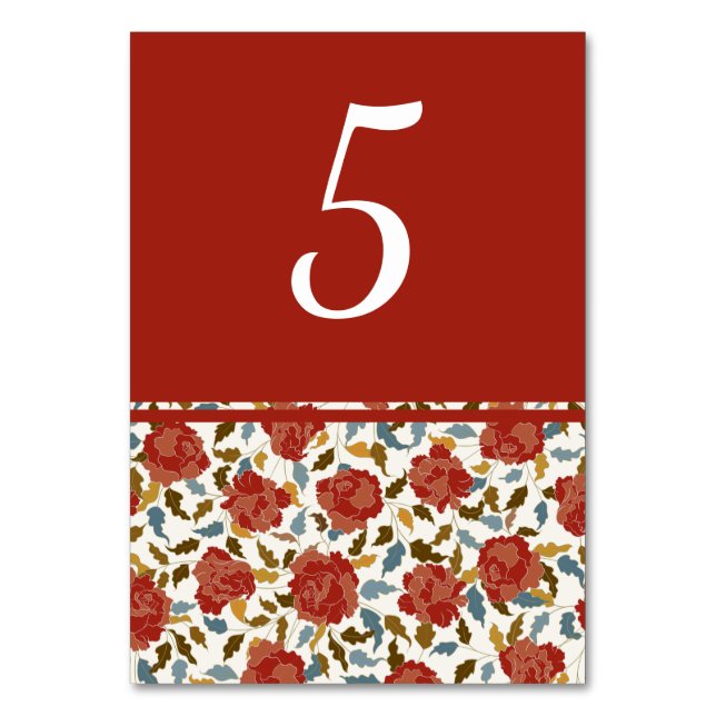 Dusty Elegant Golden Red Rose Flower Wedding Table Number (Front)
