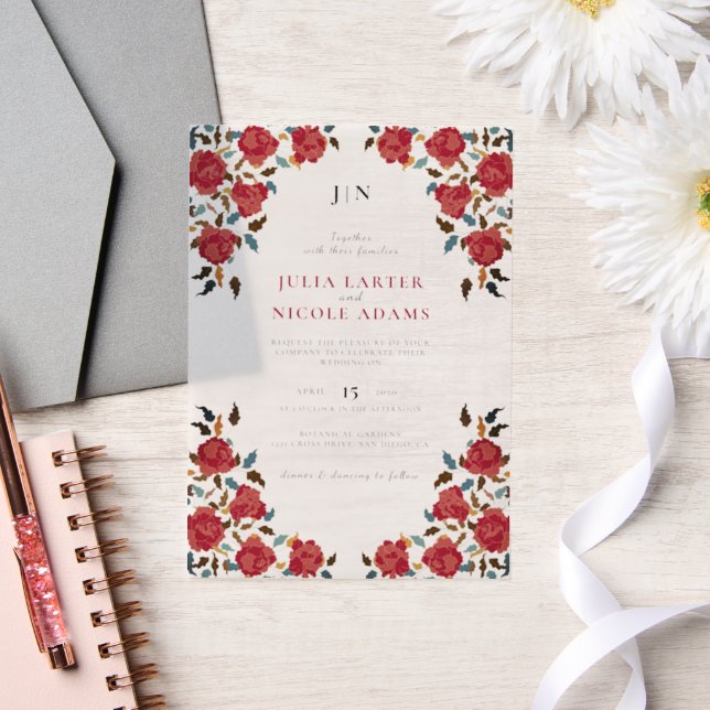 Dusty Elegant Golden Red Rose Flower Wedding Vellum Invitations (Wedding)