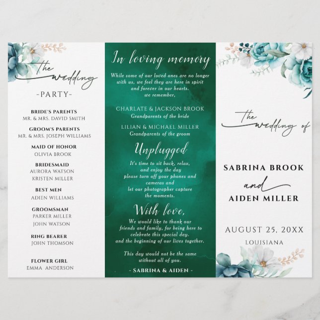 Dusty Emarald Green White Floral Wedding Program (Front)