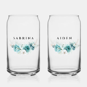Dusty Emerald Green White Floral Wedding Can Glass
