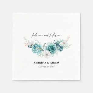 Dusty Emerald Green White Floral Wedding Napkin