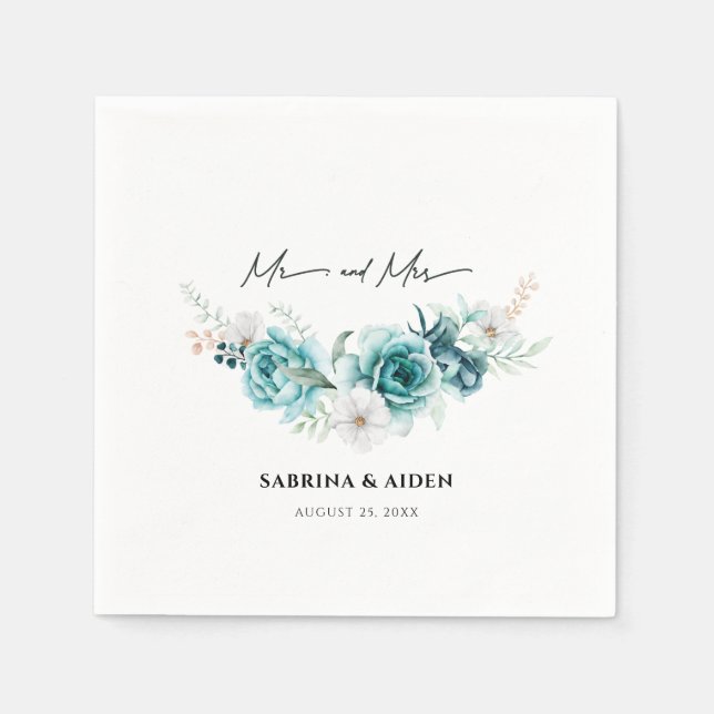 Dusty Emerald Green White Floral Wedding Napkin (Front)