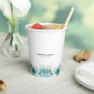 Dusty Emerald Green White Floral Wedding Paper Cups