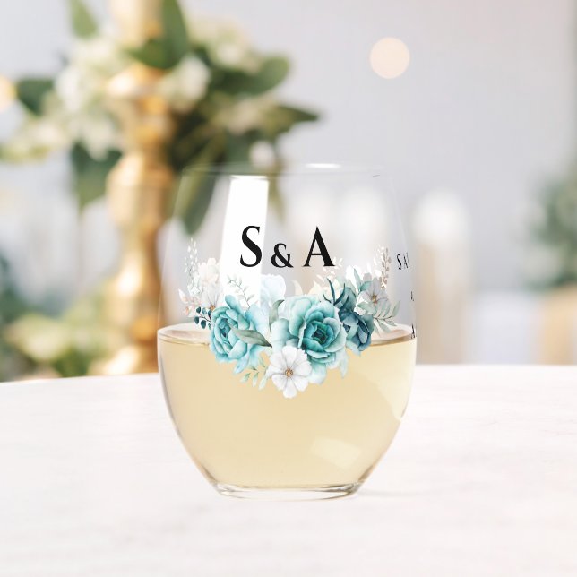 Dusty Emerald Green White Floral Wedding Stemless Wine Glass (Insitu (Wedding))