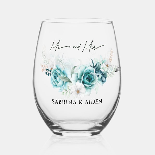 Dusty Emerald Green White Floral Wedding Stemless Wine Glass (Front)