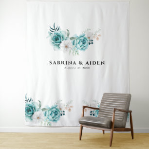 Dusty Emerald Green White Floral Wedding Tapestry