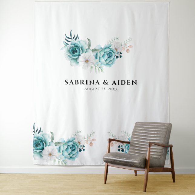 Dusty Emerald Green White Floral Wedding Tapestry (In Situ)