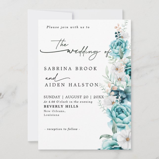 Dusty Emerald Greenery White Floral Wedding Invitation (Front)