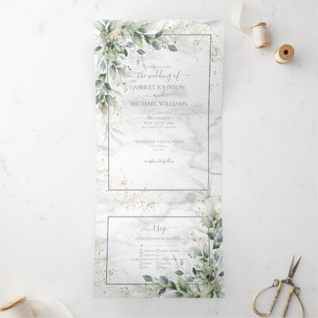 Dusty Eucalyptus Botanical Gold Greenery Wedding Tri-Fold Invitation (Inside)