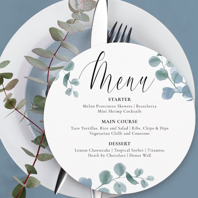 Dusty Eucalyptus Botanical Greenery Round Menu (Creator Uploaded)