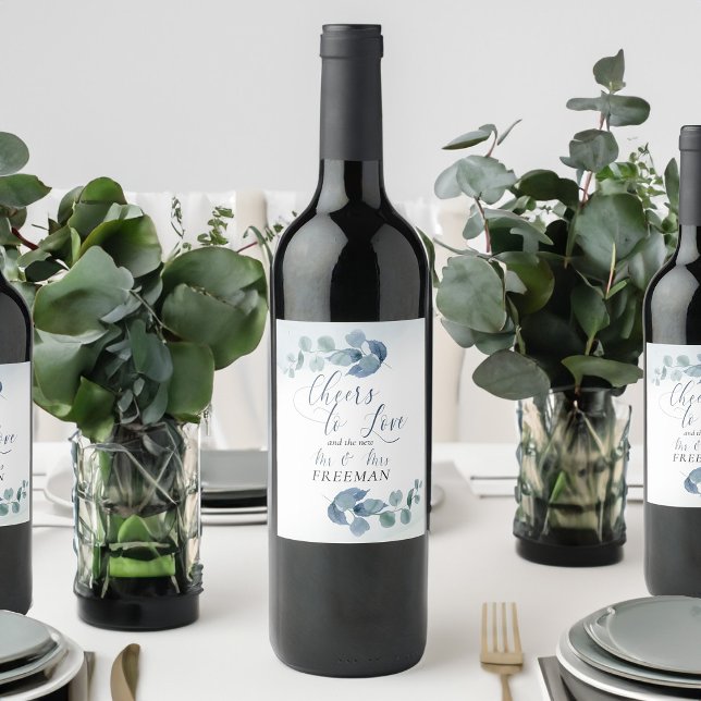 Dusty Eucalyptus Cheers to Love Wedding Wine Label (Cheers to Love wedding wine bottle labels from Dusty Eucalyptus wedding collection)