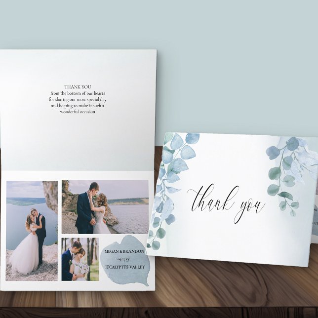 Dusty Eucalyptus Elegant 3 Photo Wedding Thank You Card (Thank you card with 3 wedding photos from Dusty Eucalyptus wedding collection)