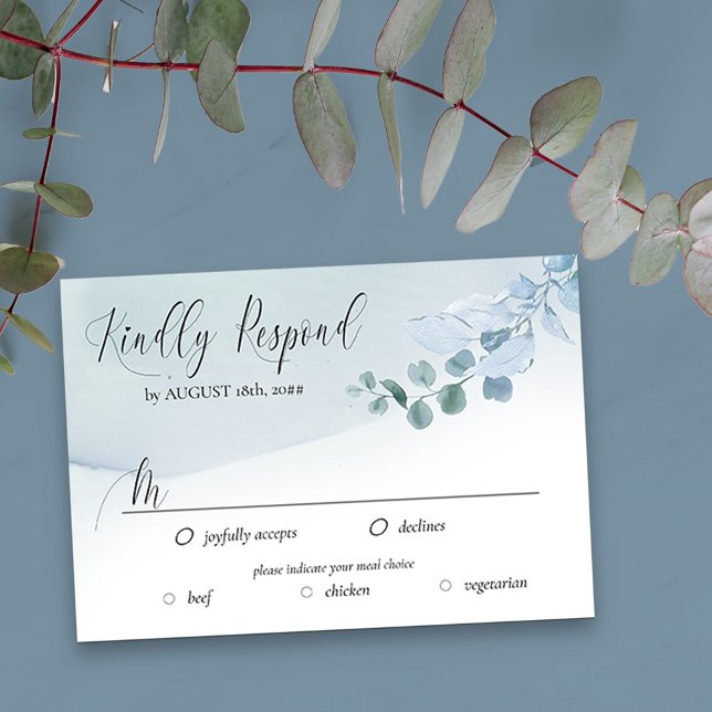 Dusty Eucalyptus Elegant Meal Options Wedding RSVP Card (RSVP Card with editable response date and meal options)